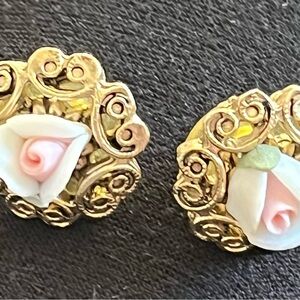 Gold and Pink Rose Earrings